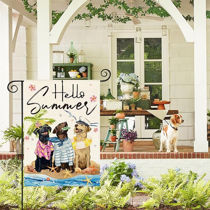 AVOIN colorlife Hello Summer Sea Beach Dogs Garden Flag 12x18 Inch Double Sided Outside, Floral Starfish Seasonal Holiday Yard Outdoor Decoration