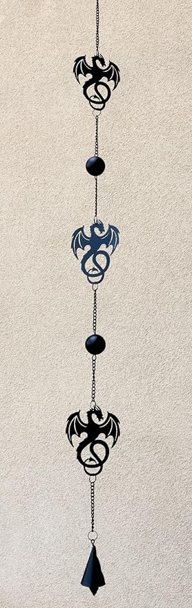 Ebros Black Coated Steel Metal Wyverex Alchemy Folklore Dragon Wall Hanging Wind Chime with Beads 38" L Home and Patio Decor Medieval Fantasy Dungeons and Dragons Mobile Noisemaker