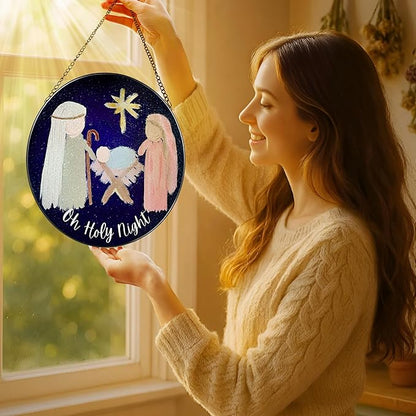 Stained Glass Suncatcher, Sun Catcher Window Indoor, Nativity Scene Ornament; Stained Glass Window Hanging, Christmas Ornament, Christian Decor; Gifts for Christmas, Christian Gift, Religious Gift
