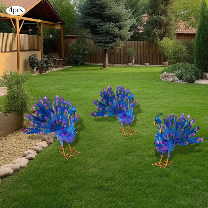 12.8'' Tall Metallic Peacock Tail Spread Yard Statue, 4Pcs Peacock Statue Ornaments, Iron Peacock Statue Garden Decor for Gardens, Patios, Gardens, Cafes, Offices