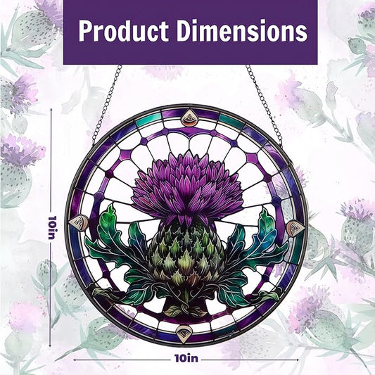 10in Thistle Galss Window Hanging, Celtic/Scottish Symbol Stained - Style Decor, Suncatcher Ornament for Home Wall & Window, Gifts for Friends, Women, Art Lover