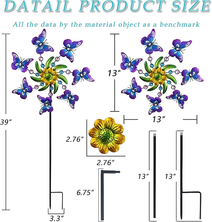 COOZZYHOUR 39" Butterfly Wind Spinner for Yard and Garden Stake,Outdoor Metal Windmill,Single Direction Wind Sculptures, Kinetic Windmills for Garden Decorations.