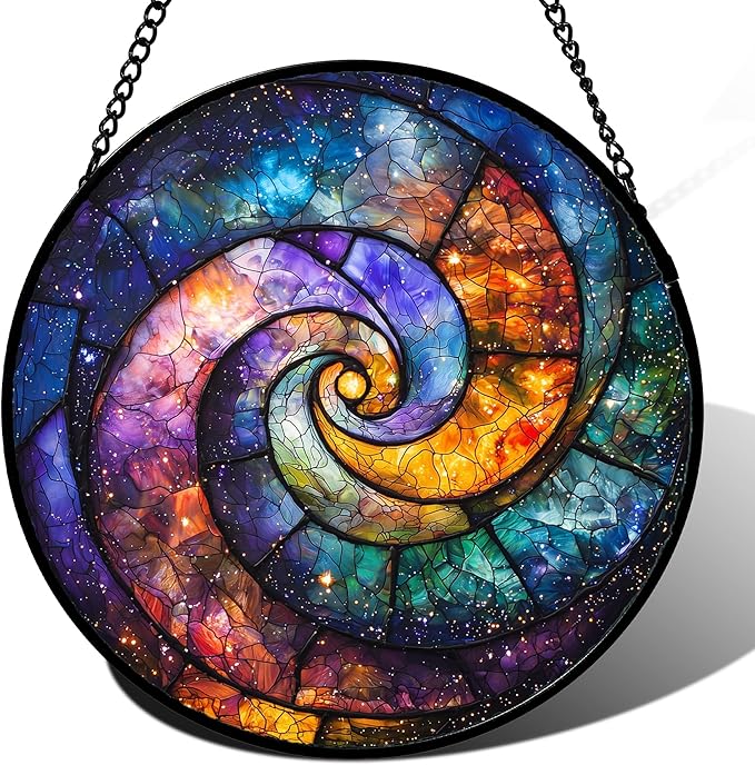 Stained Glass Window Hanging, Blue Orange Starry Sky Sun Catcher for Door Terrace Garden Home Decor, Abstract Universe Suncatcher Birthday Gifts for Lovers Women Men Dad Mom Nana 6.3 in