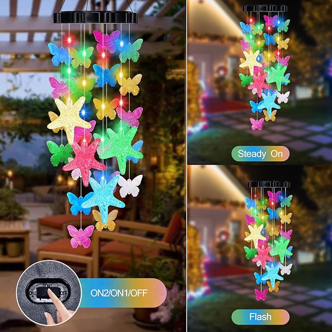 Solar Wind Chimes for Outside, Solar Powered LED Wind Chime with Butterfly, Waterproof Outdoor Decorative Wind Chime with 2 Light Modes for Patio, Garden, Yard, Porch, Gift for Grandma Mom Women Grils