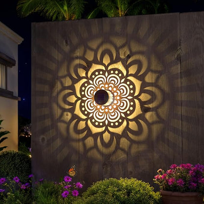 Solar Fence Lights 4 Pack Outdoor Deck Step Wall Lights Metal Waterproof LED Warm Yellow Light for Garden Post Patio Backyard Yard Decor (Mandala-1, 4)