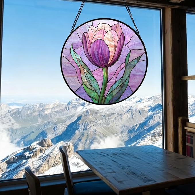 DASTOLL Stained Glass Window Hanging Purple Tulips Flower 7.8" - Suncatcher Door Garden Sun Catcher Home Decor Birthday Mother's Day for Mom Men Woman Parents Her Nana Friend