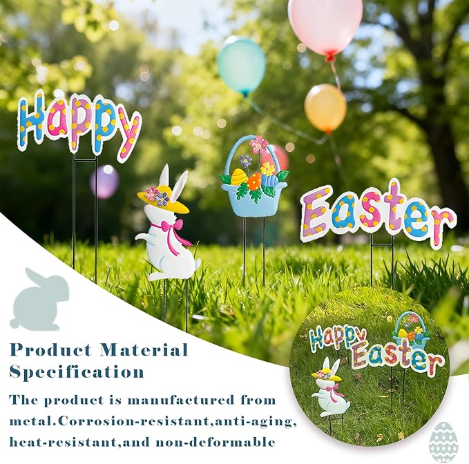 Easter decor Garden Stakes Set of 4,Easter decorations outdoor,Easter outdoor decorations yard,Metal easter yard decorations outdoor,Easter outdoor decorations, Easter Rabbit & Egg Yard Signs.