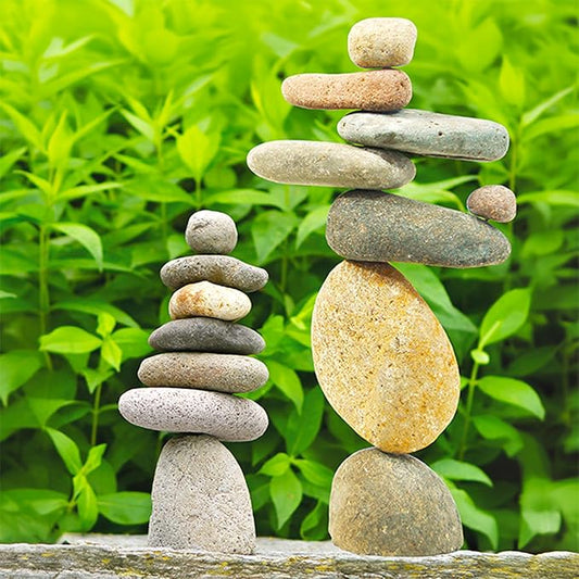 BestNest Ancient Graffiti Stone Cairns Set, 2-Piece Stacked Rock Sculptures with Metal Rod Support, 10" & 14" Garden Stone Towers for Zen, Japanese, or Wabi-Sabi Décor, Indoor Outdoor Home Ornament
