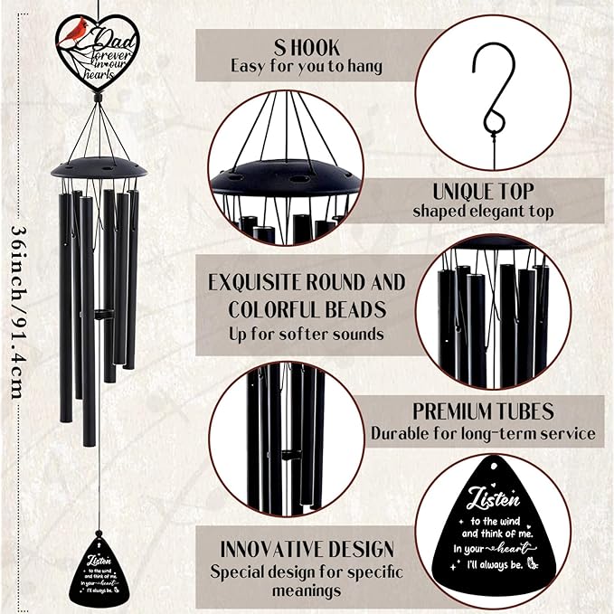 Sympathy Gifts for Loss of Father - Metal Wind Chimes for Outside with Card in Memory of Dad Patio Garden Yard Backyard Balcony Porch Indoor Outdoor Hanging Decor Cardinal Remembrance Gift