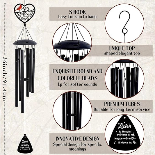 Sympathy Gifts for Loss of Father - Metal Wind Chimes for Outside with Card in Memory of Dad Patio Garden Yard Backyard Balcony Porch Indoor Outdoor Hanging Decor Cardinal Remembrance Gift