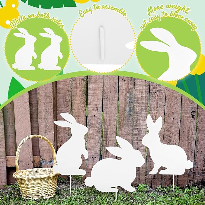 MorningRo 3 Pcs Large Easter Bunny Yard Signs Metal Rabbit Garden Stakes Easter Bunny Lawn Decorations Outdoor White Decorative Yard Decoration with Stake for Holiday Decor