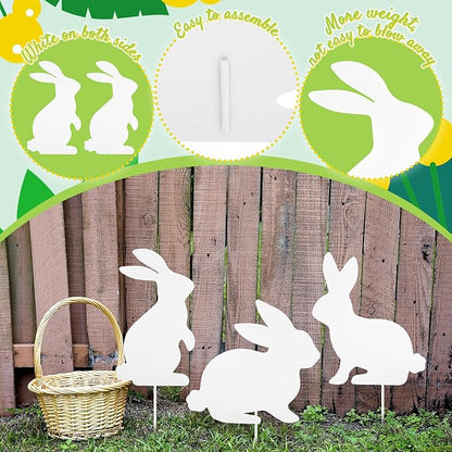 MorningRo 3 Pcs Large Easter Bunny Yard Signs Metal Rabbit Garden Stakes Easter Bunny Lawn Decorations Outdoor White Decorative Yard Decoration with Stake for Holiday Decor