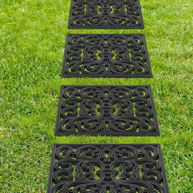 Pangda 8 Pcs Rubber Stepping Stones Outdoor Garden Walkway, 12 x 12 Inch Heavy Duty Pathway Pavers Retro Decorative Stepping Stones for Outside Landscaping Yard Lawn Path(Black,Scroll Square)