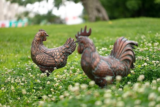 Metal Chicken Decor for Yard and Garden Large Rooster & Hen Garden Statues & Sculptures Antique Copper Outdoor Chickens Yard Art for Backyard Patio Lawn Home Kitchen Farmhouse Decorations