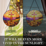 Cross Suncatcher Stained Glass Window Hanging, Wildflower Flower Cross Sun Catchers Indoor Window Glass Round Wall Decor, Religious Wall Art Hanging Decorations, 7.8＂x7.8＂