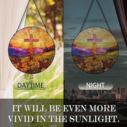 Cross Suncatcher Stained Glass Window Hanging, Wildflower Flower Cross Sun Catchers Indoor Window Glass Round Wall Decor, Religious Wall Art Hanging Decorations, 7.8＂x7.8＂