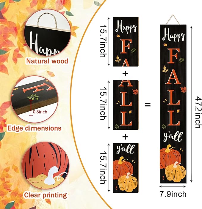 Happy Fall Y'all Welcome Porch Sign Decor Autumn Pumpkin Wooden Hanging Sign Door Porch Standing Decorative Signs Plaques for Front Door Farmhouse Outdoor Indoor Welcome Sign Wall Craft Decor 47.2"H