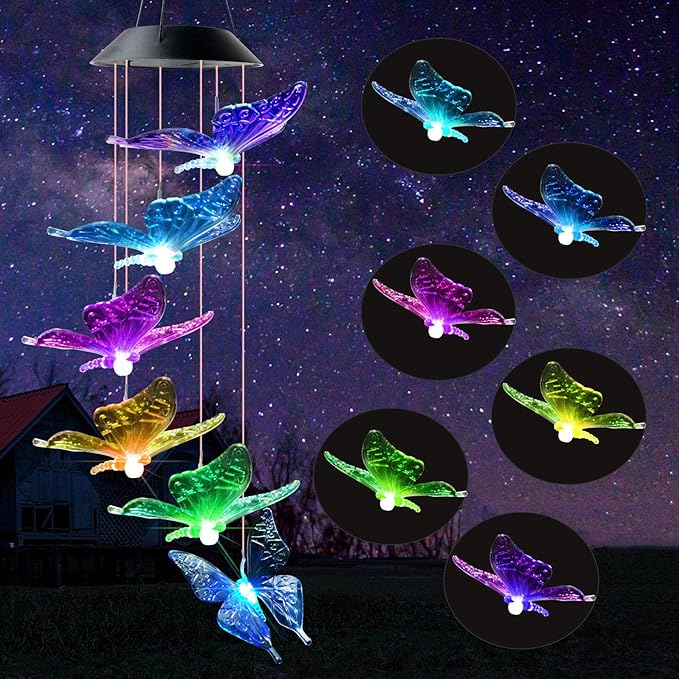 DOUBLEZHE Solar Butterfly Wind Chimes for Outside, Valentines Day Gifts for Her, Birthday Gifts for Women Mom Grandma, for Girlfriend Wife Sister, Solar Lights Garden Outdoor Patio Yard Decor