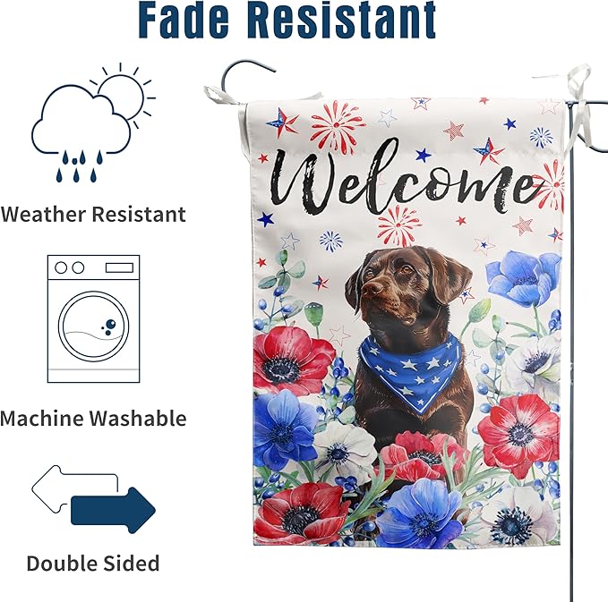 4th of July Chocolate Lab Garden Flag Red White Blue Floral Labrador Dog Yard Flags Small Memorial Independence Day Banner 12x18 Double Sided for Outside Outdoor Patriotic Decor
