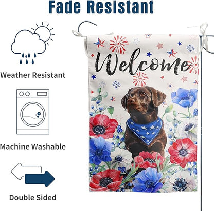 4th of July Chocolate Lab Garden Flag Red White Blue Floral Labrador Dog Yard Flags Small Memorial Independence Day Banner 12x18 Double Sided for Outside Outdoor Patriotic Decor