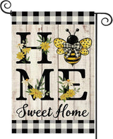 ORTIGIA Home Sweet Home Bee Garden Flag Double Sided 12.5x18 Inch, Spring Summer Yellow Flower Buffalo Plaid Check Small Yard Flag Burlap Farmhouse Rustic Outside Outdoor Lawn Patio Decor