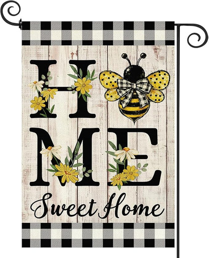 ORTIGIA Home Sweet Home Bee Garden Flag Double Sided 12.5x18 Inch, Spring Summer Yellow Flower Buffalo Plaid Check Small Yard Flag Burlap Farmhouse Rustic Outside Outdoor Lawn Patio Decor