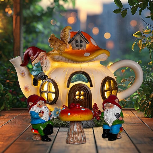 twinbling Solar Fairy Garden House Lights - Mushroom Teapot Gnome House Statue Set with 2 Mini Gnomes and 1 Mushroom Figurines, Outdoor Garden Decor, Gift for Gardeners and Moms (Set)