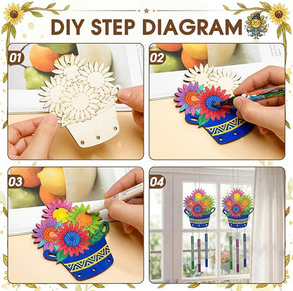 Leinuosen 30 Pcs Wind Chime Kit Sunflower Wooden Wind Chimes Decorative Sunflower Windchimes Hanging Dragonfly DIY Crafts for Indoor Outdoor Garden Home Patio Party Crafts Decorations