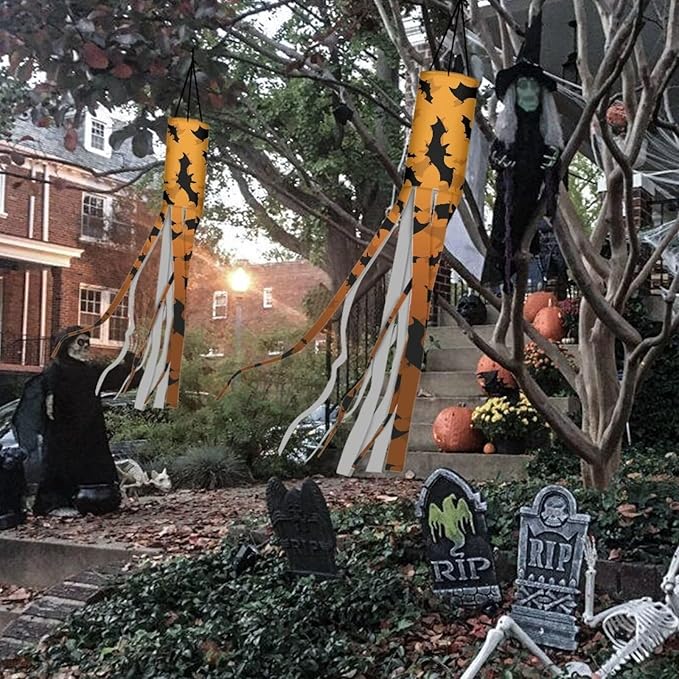 Halloween Bats Jack-o'-Lantern Windsocks Outdoor Hanging Durable Wind Sock with Tails Front Yard Patio Lawn Garden Party Halloween Spooky Ghost Decoration