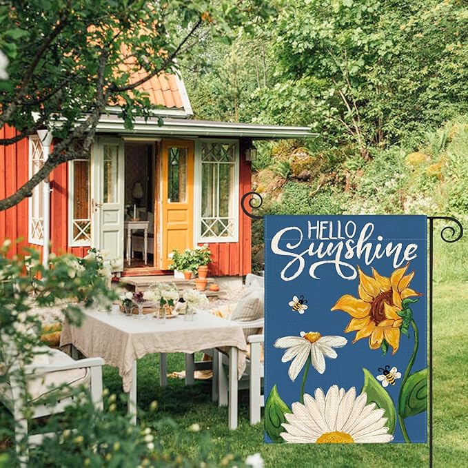 AVOIN colorlife Daisy Sunflower Hello Sunshine Garden Flag 12x18 Inch Double Sided, Summer Seasonal Holiday Burlap Yard Outdoor Decoration Blue