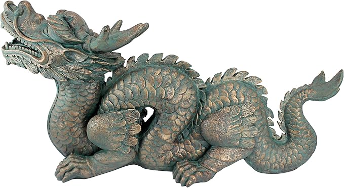 Design Toscano Asian Dragon of the Great Wall Garden Statue, Large 29 Inch Long, Cast Stone Resin, Green Bronze Verdigris Finish