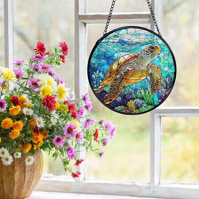 Coastal Beach Sea Turtle Suncatchers Stained Glass Window Hanging, Sea Turtle Decor Sun Catchers Indoor Window Glass Round Wall Decor, Ocean Beachy Wall Hanging Decorations, 7.9x7.9in