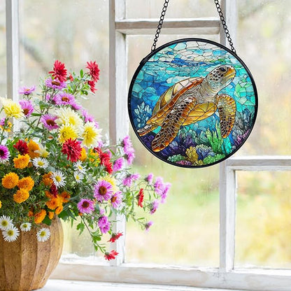 Coastal Beach Sea Turtle Suncatchers Stained Glass Window Hanging, Sea Turtle Decor Sun Catchers Indoor Window Glass Round Wall Decor, Ocean Beachy Wall Hanging Decorations, 7.9x7.9in