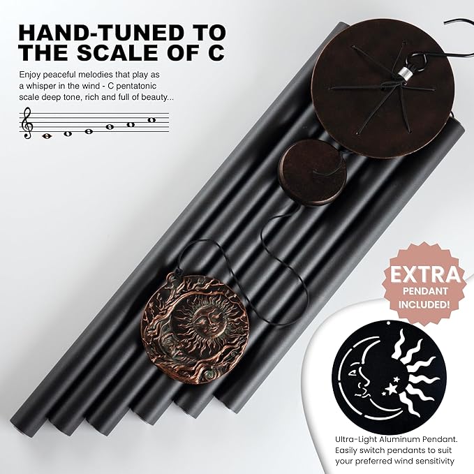 Vanquer Large Wind Chimes for Outside Deep Tone - 46'' Wind Chimes Outdoor Clearance, Memorial Windchimes, Sympathy Gift, Outdoor Décor, Patio, Home Décor, Vintage Black (46" Sun and Moon)