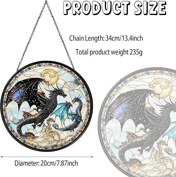Wing Dragon Stained Glass Window Hanging Fourth Wing Sun Catcher Decor Book Lover Gifts for Readers Women Christmas Suncatchers for Home Windows Hanging Decoration, 7.87inch