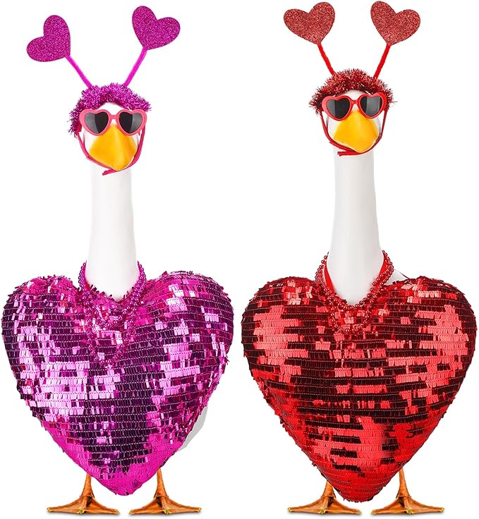 Abbylike 2 Sets Valentine's Day Porch Goose Outfits Love Heart Yard Goose Clothes Costume Fits Large 23'' Cement for Garden Yard Statue Pathway Decorations