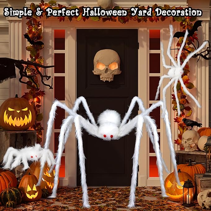 FOIMAS 3pcs Halloween Realistic Hairy Spider,Large White Scary Spiders Prop for Lawn Yard Wall Indoor Outdoor Halloween Party Decoration,59",35",12"