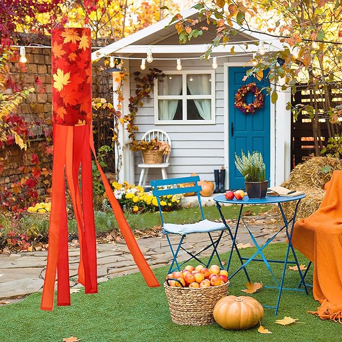 NOVWANG 2 Pieces 40 Inch Fall Windsocks，Pumpkin Maple Leaf Wind Socks for Outside Decor Hanging Flag for Home Garden Yard Wall Balcony Decoration