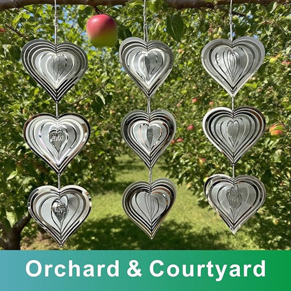 Shiny Metal Bird Reflectors Wind Spinners 360° Wind-Spinning Quiet Reflective Bird Deterrent Decor for Small Yard Orchard Bird-Prone Areas (Heart-Shaped/Silver / 9 Pcs / 3 Set)