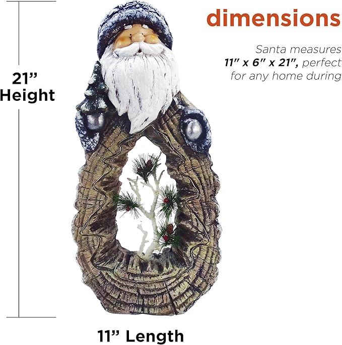Alpine Corporation 21" Tall Santa Christmas Statue with Carved Wood Look and 16 Warm LED Lights, Timer Function, Indoor/Outdoor Holiday Decoration for Porch or Entryway
