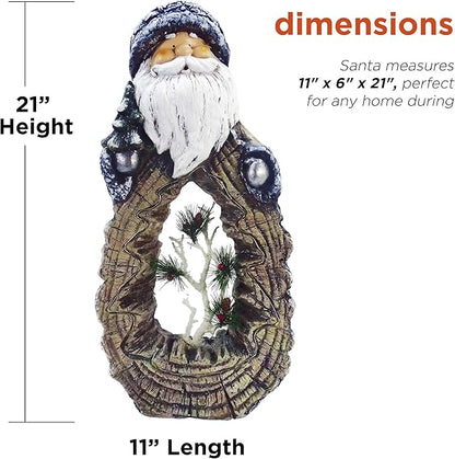 Alpine Corporation 21" Tall Santa Christmas Statue with Carved Wood Look and 16 Warm LED Lights, Timer Function, Indoor/Outdoor Holiday Decoration for Porch or Entryway