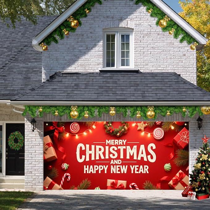 HOMETITUTE Christmas Garage Door Banner 13x6ft Merry Christmas Happy New Year Red Theme Backdrop Decor Banners for Outside Indoor Winter Door Cover Garage Wall Covering for Party Garage Decorations