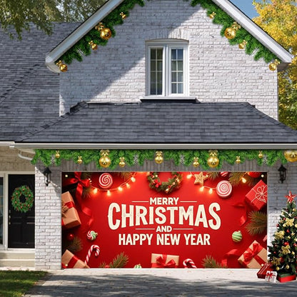 HOMETITUTE Christmas Garage Door Banner 13x6ft Merry Christmas Happy New Year Red Theme Backdrop Decor Banners for Outside Indoor Winter Door Cover Garage Wall Covering for Party Garage Decorations