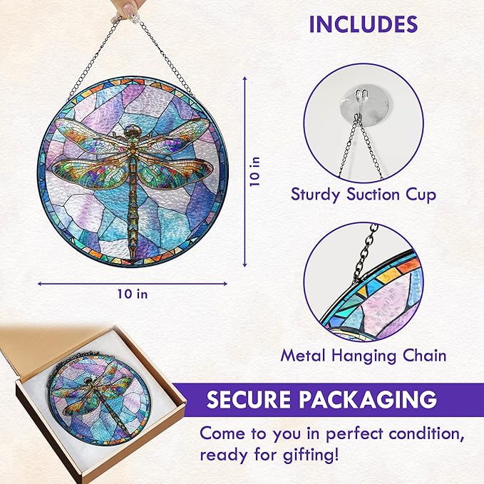 FLAGWIX Christmas Dragonfly Gifts for Women Men - Stained Glass Window Hanging 10 in - Dragonfly Garden Decor for Yard Decorations Outdoor, Sun Catchers Window Ornament for Home Christmas Decorations