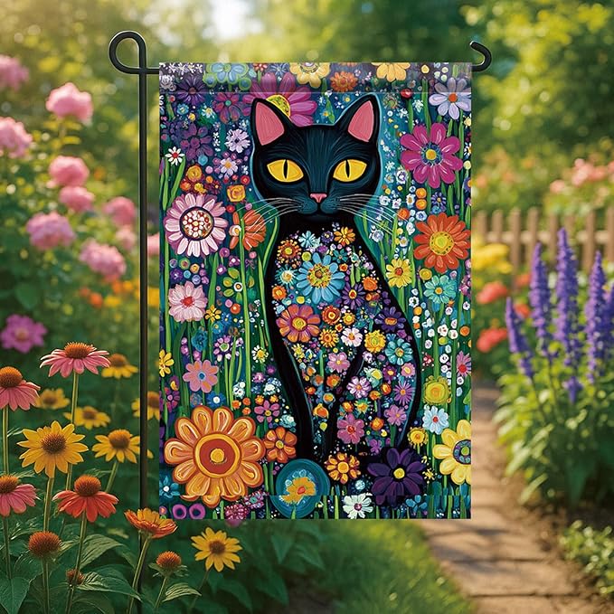Spring Summer Garden Flag 12x18 Inch Black Cat Colorful Floral Art Design Outdoor Yard Porch Lawn Garden for Seasonal Farmhouse Boho Home Decor