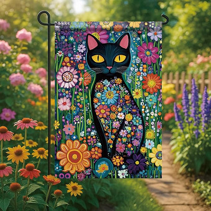 Spring Summer Garden Flag 12x18 Inch Black Cat Colorful Floral Art Design Outdoor Yard Porch Lawn Garden for Seasonal Farmhouse Boho Home Decor
