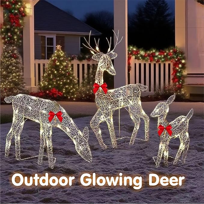 Pre-Lit Outdoor Christmas Deer Family Set, 2D Lighted Reindeer Decoration, 60 LED Warm White Lights, 3-Piece, Waterproof,Battery Powered for Indoor Outdoor Yard Display (A)