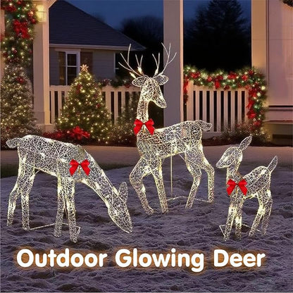 Pre-Lit Outdoor Christmas Deer Family Set, 2D Lighted Reindeer Decoration, 60 LED Warm White Lights, 3-Piece, Waterproof,Battery Powered for Indoor Outdoor Yard Display (A)