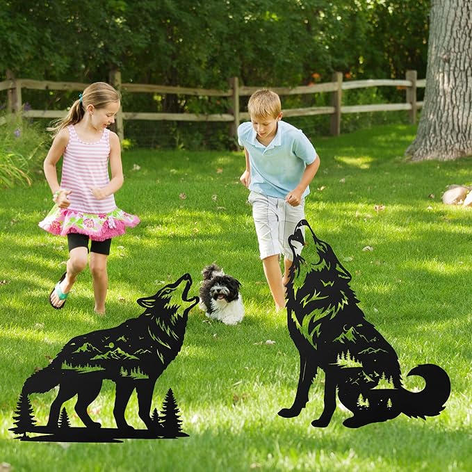 Romart Wolf Silhouette Garden Stakes Decorations - 2 Pcs Metal Howling Animals Statues, Black Rustic Animal Sculpture Set, Yard Art for Outdoor Garden & Patio Lawn