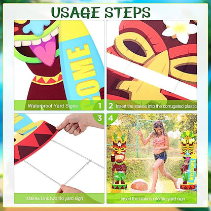 Queekay 2 Pcs Tiki Yard Sign Luau Hawaiian Tropical Party Decoration Outdoor Tiki Bar Sign with Stakes for Summer(Novelty Style)
